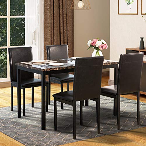 5 Piece Dining Set Metal Dinette Set with Faux Marble Top 4 Dining