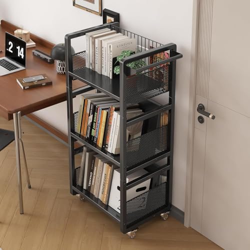 Librería con Ruedas 3 Niveles, Estantería Metálica Móvil, Negro | Organizar y Transportar Libros, Carrito Versátil, Adecuada para Escuela, Estudio, Sala de Estar