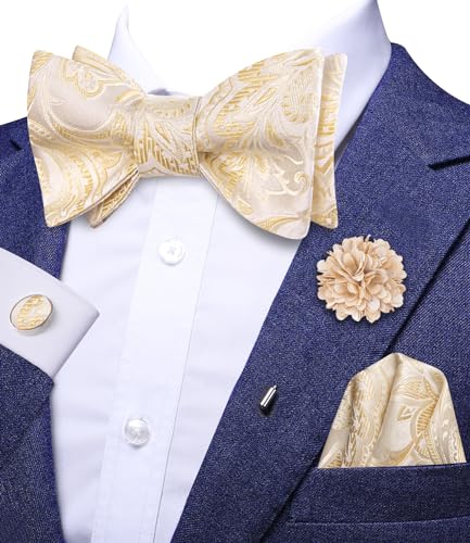 Image of Dubulle Self Tie Bow Ties and Lapel Pin for Men Paisley Solid Mens Bowtie and Handkerchief Cufflinks Set Wedding