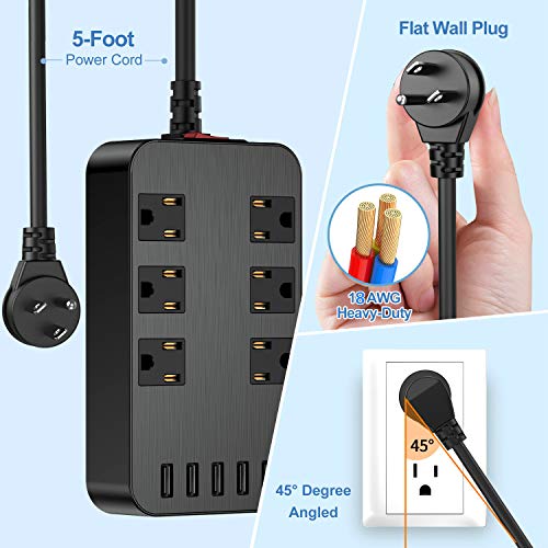 Power Strip - 6-Outlet Surge Protector with 5 USB Ports Fast Charging (4.8A), 6Ft Long Extension Cord Flat Plug Wall Mountable, 1700 Joules for iPhone iPad Home Dorm Office Laptop Computer