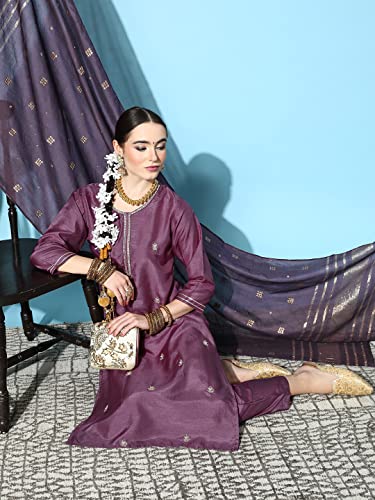 Image of ishin Silk Blend Women's Embroidered A-Line Kurta Pant with Dupatta Set