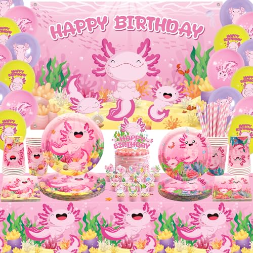 Obussgar Pink Axolotl Födelsedagsfestdekorationer – Axolotl partytillbehör inklusive bakgrund, tallrik, tårttopp, kopp, servett, ballong, bordsduk – för 20 personer (BJ)
