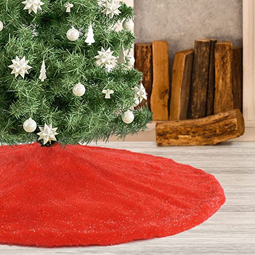 Atiming Red Christmas Tree Plush Skirt with Shiny Streamers 36 Inches Faux Fur Xmas Tree Skirt Base Cover Mat for Christmas Tree Holiday Home Party Decorations - 90cm