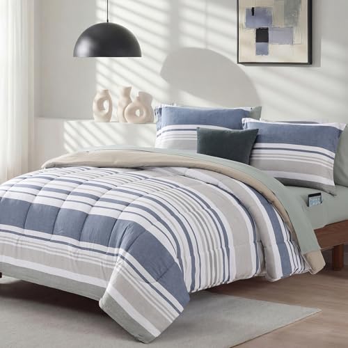 Image of Monbix Full Size Comforter Set - 7 Pieces Bed in a Bag Full, Ocean Blue-Stripe Bedding Sets, All Seasons Comforter Bed Set with Sheets, Pillowcases & Shams