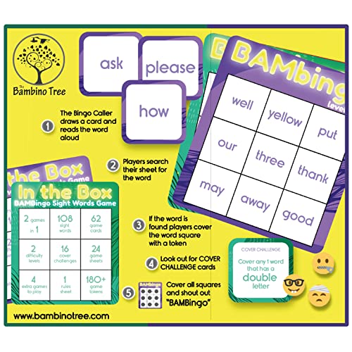 THE BAMBINO TREE Sight Word Bingo Game Level 3 and Level 4 - Learn to Read Vocabulary for 1st Grade 2nd Grade Kids - Family Fun Learning Dolch's Fry's Words Lists - Educational Reading Game