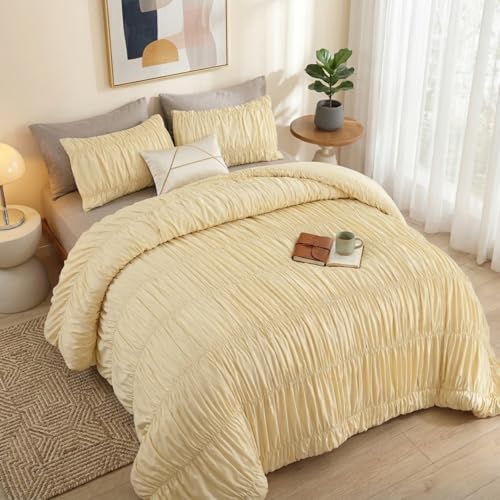 Image of weigelia Cinched Comforter Set Full - Soft Girl Ruched Bedding Set, 3PCS Light Yellow All-Season Fluffy Lightweight Comforter with Pillowcases for Bedroom, Apartment & Dorm Decor