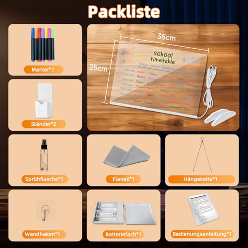 LED Zeichenbrett, Notiztafel mit 8 Farben 6 Beleuchtungsmodi, Acryl Schreibtafel mit Batteriepack, Komplettes Geschenkbox-Set mit Zubehör,Led Maltafel Kinder, Zeichnen, Memo, Werbetafel