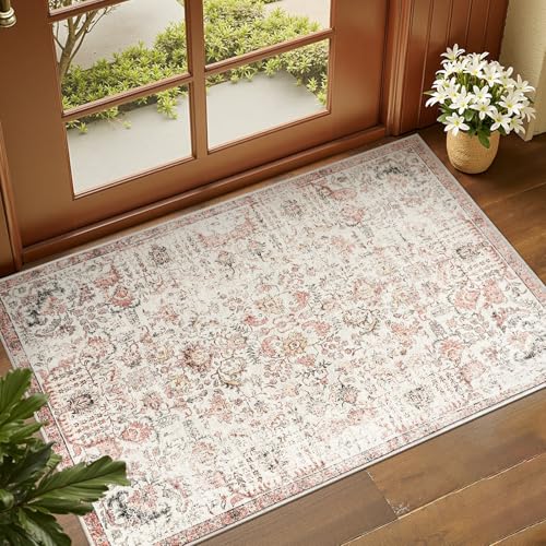 jinchan Kalen Area Rug 2x3 Washable Entryway Rug Vintage Doormat Indoor Entrance Lightweight Thin Retro Distressed Door Mat Floral Print Country Boho