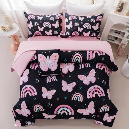 Image of Full Size Comforter Set for Girls - 6 Pieces Black Pink Butterfly Kids Bedding Set with Sheets - Colorful Rainbow Printed Teen Girl Bed in A Bag (Rainbow Butterfly, Full)