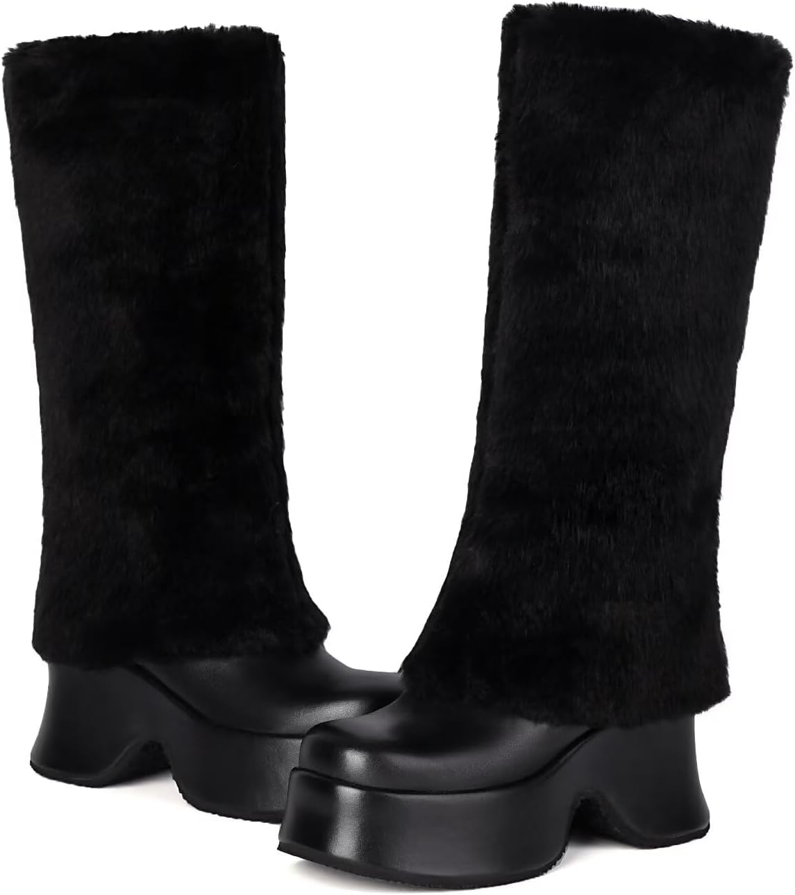 Women's Mid Calf Fluffy Furry Boots Warm Chunky High Heel Winter Boots Faux Fur Punk Goth Snow Platform Booties