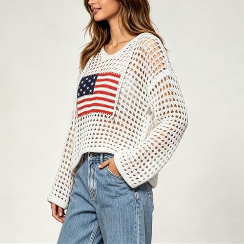Image of Women's American Flag Crochet Sweater Long Sleeve Hollow Out Lightweight Knit Hoodie 2026 Summer Beach Cover Up Tops