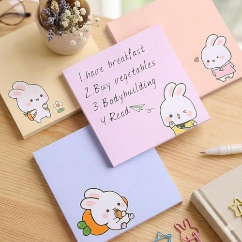 Image of Cute Cartoon RABIT Sticky Notes | Pastel Memo Pad Set | Study & Office Use - Pack of 4 | 80 Sheets Per Pack | 3.15x3.15in Self-Stick Note Pads (RABIT Sticky Notes)
