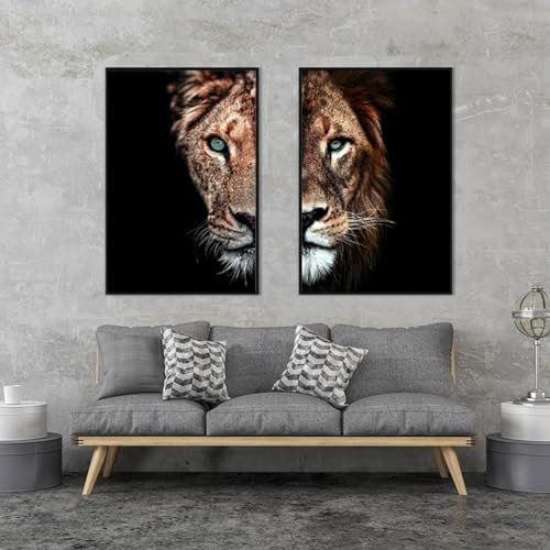Affiches de lion et lionne peintures sur toile 60x90cm x2 avec cadre noir moderne