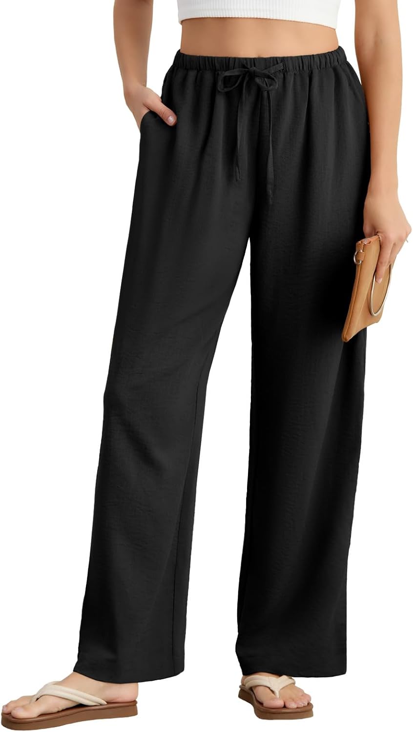 Feiersi Women's Casual Pants Drawstring Elastic Waist Pants Flowy Wide Leg Beach Trousers with Pockets - Image 2
