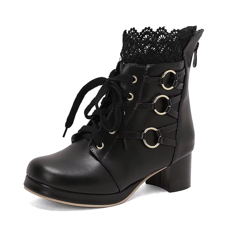 Women Lace Lolita Kawaii Ankle Boots Cosplay Biker Riding Low Chunky Heel Lace Up Platform Buckle Short Booties