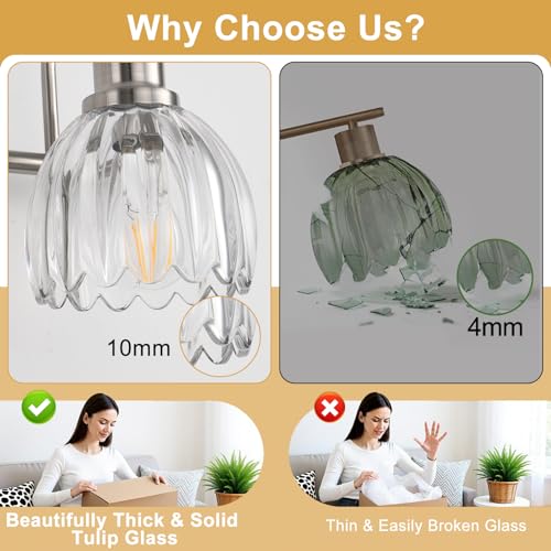Image of Bathroom Light Fixtures (3-Light, 20 Inch), Brushed Nickel Vanity Lights for Bathroom with Ribbed Clear Tulip Glass Shade, Vintage Vanity Wall Lights for Mirror Bedroom Living Room Hallway