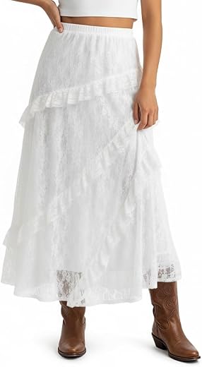 SANNIDHI® Womens Lace Long Skirts Elastic Asymmetrical Layered Hem See-Through Flowy Skirts Floral Beach Maxi Skirt, Whit...