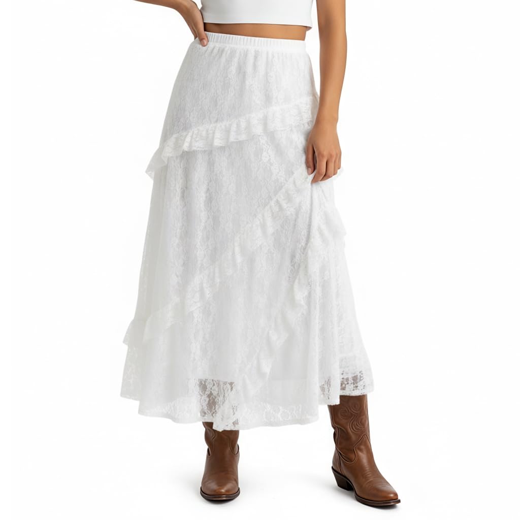 SANNIDHI® Womens Lace Long Skirts Elastic Asymmetrical Layered Hem See-Through Flowy Skirts Floral Beach Maxi Skirt, Whit...