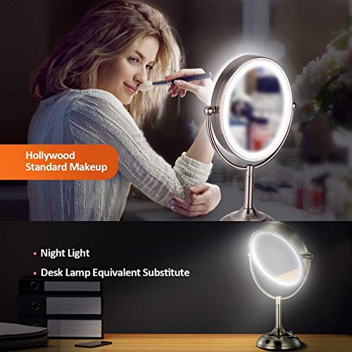 Vesaur 8.5" Large Tall Lighted Makeup Mirror, 1X/10X Magnifying Vanity Mirror With 3 Color Lights, 48 Leds Adjust Brightness(0-1200Lux), Senior Pearl Nickel Swivel Cosmetic Mirror, Dual Power Supply #TOP6