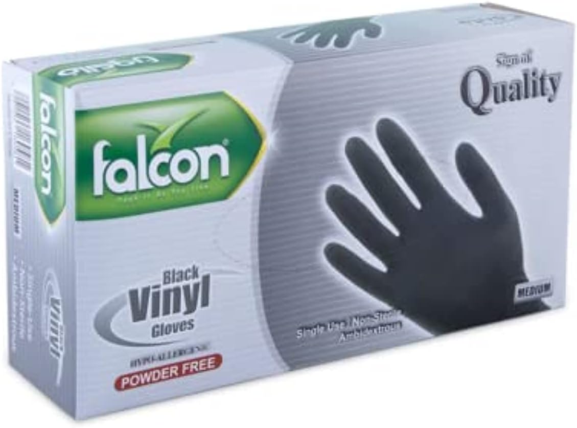 Falcon Vinyl Gloves - Black Powder Free 100 pieces (Medium)