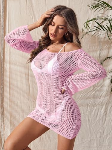 Image of Floerns Women's Crochet Cover Up Long Sleeve Hollow Out Bikini Swimsuit Beach Cover Up Swimwear
