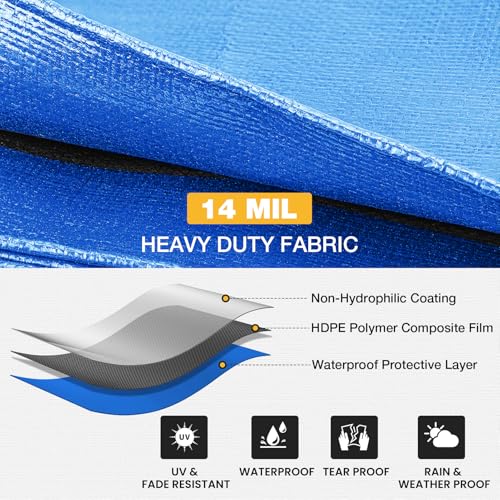 Winpull Tarp 12x16 Feet 14 Mil Heavy Duty Waterproof Tarp, Large Multipurpose Cover with Brass Grommets and Reinforced Edges, UV Resistant Thick Poly Tarps for Outdoor Camping Tent Pool Car, Blue by Winpull - Image 2