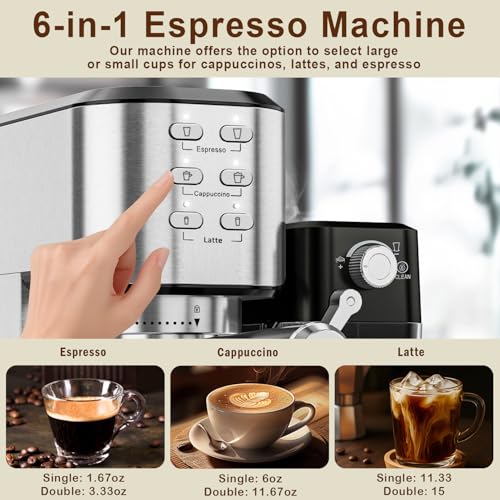 Vaparinckl Espresso Machine 20 Bar, Coffee Maker with Automatic Milk Frother, 6-in-1 One-Touch Small/Large Shot, Espresso Maker for Cappuccino/Latte, Compact for Home and Office, Stainless Steel