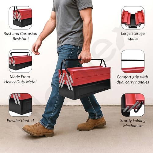 Image of Plantex Tool Box Empty /Sturdy Tools Storage Box With Large Capacity /Empty Tool Box /Tool Organizer for Carpenter, Garage, And Home Essential Tools - 5 Compartments - (Red & Black) - Metal
