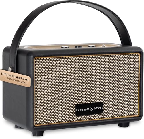 Bennett & Ross BB-820BK Blackmore Junior - Retro Bluetooth Lautsprecher in Lederoptik mit 5200 mAh Akku - Vintage Speaker mit 20W - MicroSD-Eingang mit MP3-Player - Aux-in - Schwarz