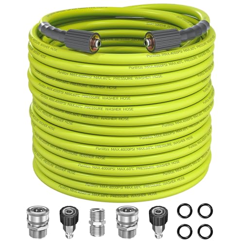 Purilitzs Pressure Washer Hose 100FT with M22-14/15 Fittings 1/4 Inch Kink Resistant Replacement Hose 4000PSI with Leak-Free M22 to 3/8 Quick Connect Adapters Kit Green