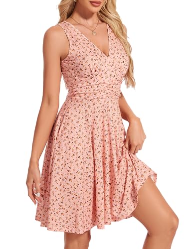 Image of Women's Spring Floral Sundress Sexy V Neck Sleeveless Ruffle Flowy Tank Short Summer Dress with Pockets