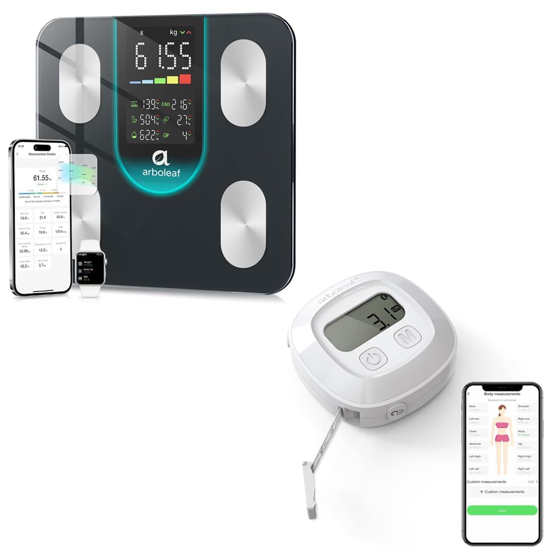Arboleaf Lot 2 en 1, Balance de composition corporelle Bluetooth BIA + Ruban de mesure corporel intelligent, suivi de perte de poids et remise en forme