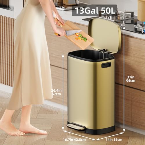 Image of KUK 13 Gallon Kitchen Trash Can with Lid, 50L /13Gal Office Step Garbage Can for Home, Kitchen, Laundry Room, Office, Gold