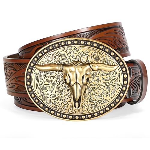 Image of SANSTHS Genuine Leather Cowboy Belts for Men Western Belt Buckle for Jeans