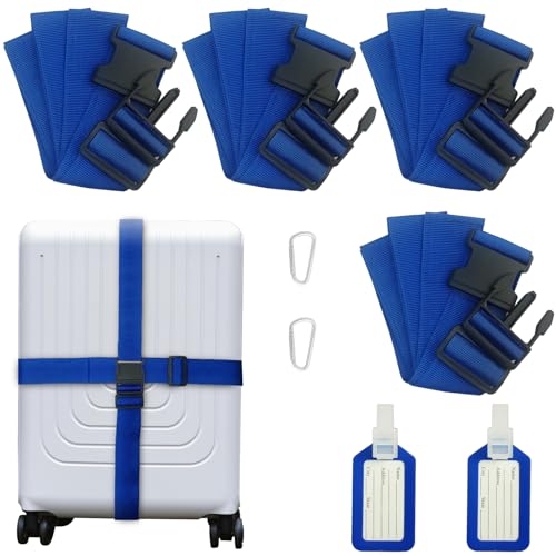 Image of Luggage Strap and Tag Set (4 Pack 2 Tags 2 Climbing Buckles) Keeps Cargo Safe with Adjustable Travel Packing Strap with A Packing Width of 2 Inches and A Length of 86.6 Inches (Blue)
