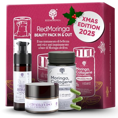 Set Regalo Donna Kit Skincare Viso Completo a base di Moringa BIO | con Crema Viso, Siero Antirughe, Integratore Collagene | Idea Regalo Donna Set Skincare Redmoringa | Unico IN & OUT | Natale 2025
