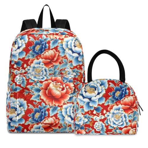Backpack Lunch Bag Set Chinese Floral Pattern Print, Big Storage Travel Backpacks with Insulated Lunch Box for Office Hiking Picnic