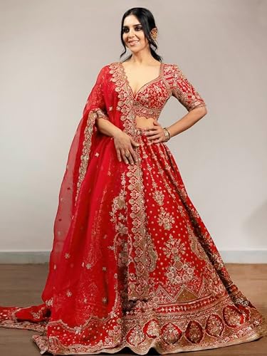 Image of TRENDMALLS Women's Satin Sequin Embroidery Bridal Lehenga Choli with Net Dupatta |Bridal Wedding Lehenga Choli for women