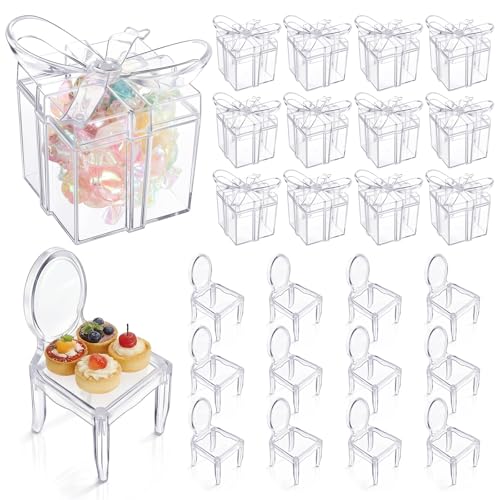 Mifoci 24 Pcs Clear Acrylic Gift Boxes Chair Shaped Party Favor Gift Holders for Wedding Events Reception Accessories Baby Shower Favor Holders Decorations Supplies