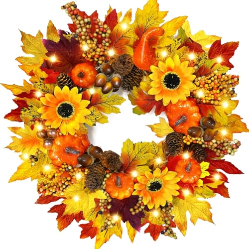Thick & Timer - Thanksgiving Wreaths for Front Door Thanksgiving Wreath with Lights Maples Leaves Pumpkins Pinecones Acorns Berried Sunflowers 18 Inch Fall Wreath for Door Wall Window Indoor Outdoor