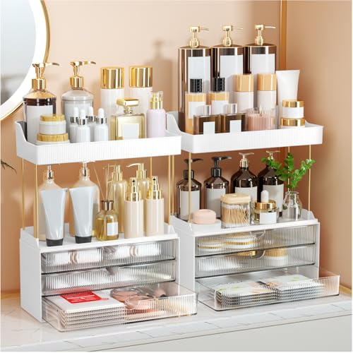 StorBin 2 Sets Makeup Organizer – 5 Tier Bathroom Organizers and Storage, Versatile Perfume Vanity Organizer, Ideal for Cosmetic, Large Skincare, Face Mask, Office Supplies, Clear
