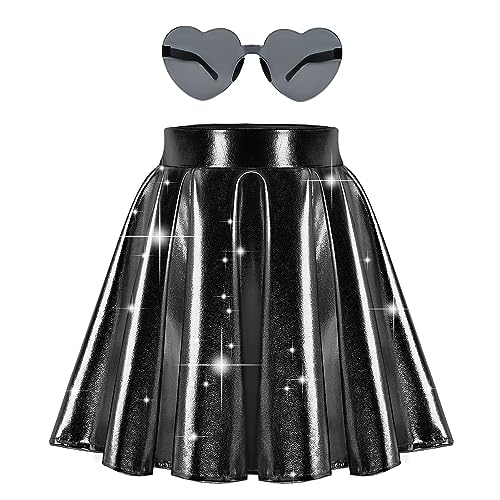 Eccbox Girls Metallic Skirt Sparkle Shiny Dance Disco Flared Pleated A-Line Mini Skater Skirts With Sunglasses cover