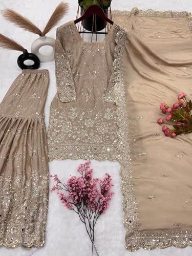 Image of Embroidered Sharara Set, Beige, Net Fabric, Sequin Work, 3-Piece Suit with Dupatta (IN, Alpha, L, Regular)