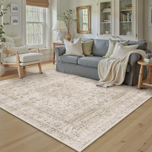 5x7 Washable Beige Vintage Area Rug for Living Room Bedroom Traditional Low Pile Soft Carpet Non-Slip Thin Retro Distressed Accent Throw Rug for Dining Room Office Dorm Kitchen Indoor