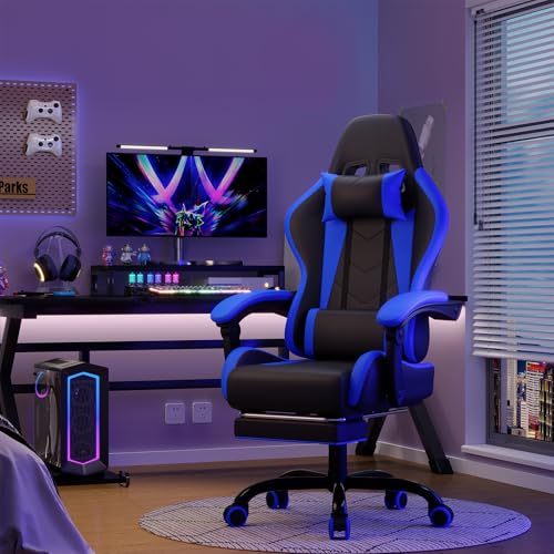 Devoko Sedia da Gaming Massaggiante con Poggiapiedi Telescopico, Sedia Gamer con Cuscino Lombare Massaggio & Poggiatesta, Ergonomico Sedie da Ufficio Schienale Regolabile 90-135°, Portata 150kg(Blu) - Immagine 1