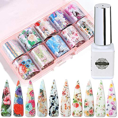 Nail Art Foil Glue Gel Starry Star Set Nail Foil Transfer Sticker Tips Manicure Art DIY 6ML Professional Nail Foil Transfer Glue, 10PCS Nail Art Foil Stickers, Natural Flower Foil Art