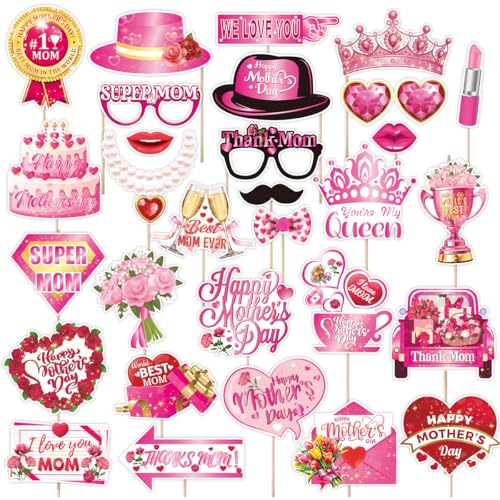 Mothers Day Decorations, Tumwisk 30 PCS Mother's Day Photo Props, Pink Happy Mothers Day Photobooth Decorations Celebrating Mother's Day for Mum Show Your Love and Thanks for Mum