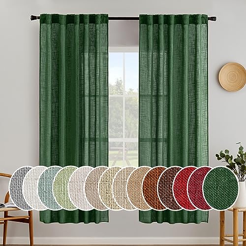 MIULEE Emerald Green Linen Curtains 72 Inch Length for Bedroom Living Room, Soft Thick Linen Textured Window Drapes Semi Sheer Light Filtering Back Tab Rod Pocket Burlap Look Christmas Decor, 2 Panels