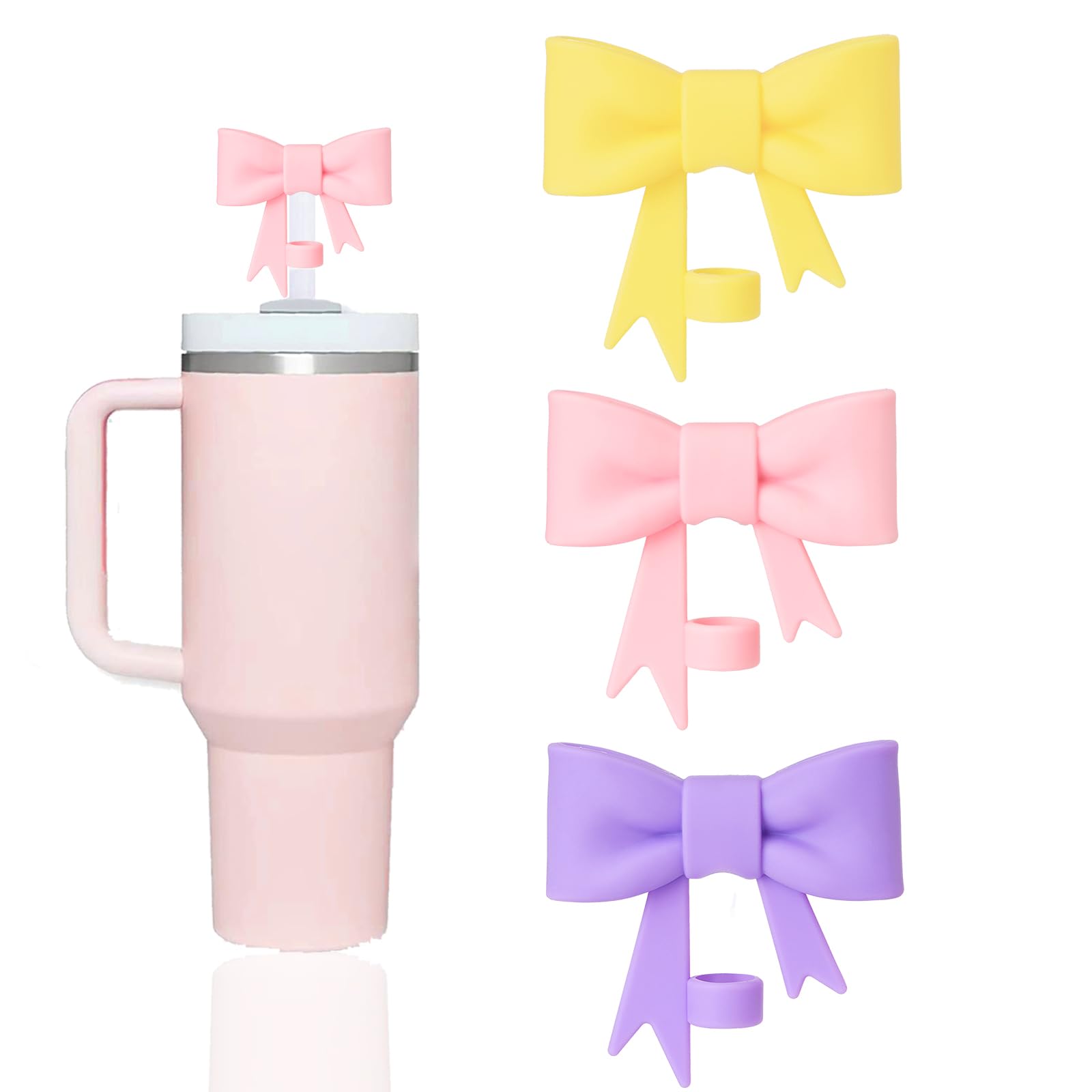Pretty Bow Straw Covers Cap Toppers Compatible with Stanley 40/30 oz Tumbler Cups,Reusable Cute Silicone Straw Lids Tips Protectors for 0.4 in/10mm Stanley Cups Straws Accessories（3 pcs）