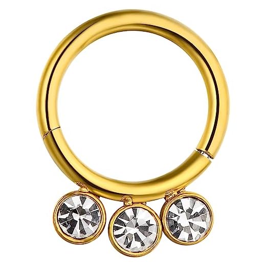 16 mätare – 8 mm längd kirurgisk stål 3 mynt CZ sten vikbar segment näsring septum piercing e rostfritt stål, colore: Guld, cod. GES-MP-022-16G8MM-GL